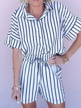 Women's Navy & White Striped Blouse & Shorts Set